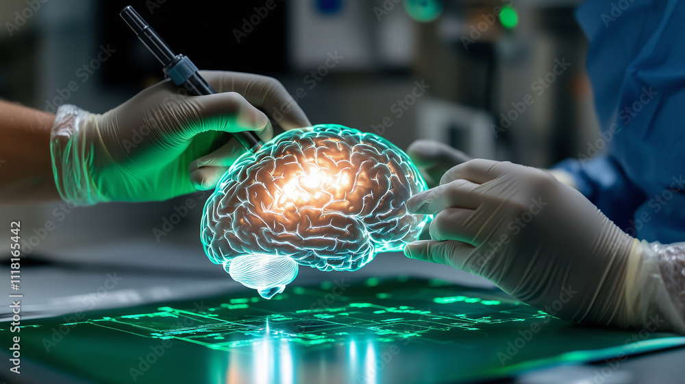 Aufkleber hands in sterile gloves adjusting settings on a high-tech medical device displaying a 3d brain scan 