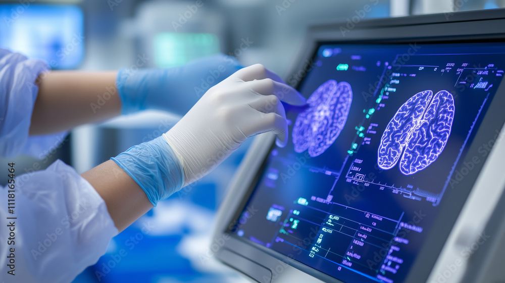 Aufkleber hands in sterile gloves adjusting settings on a high-tech medical device displaying a 3d brain scan 