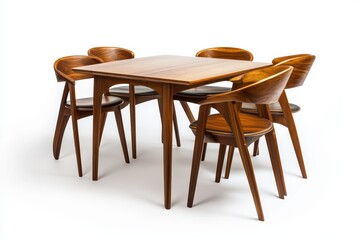 A modern wooden dining table set with four chairs isolated on a white background