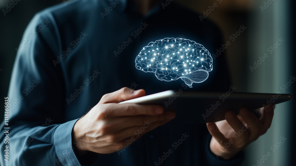 Aufkleber hands holding a tablet displaying a high-resolution brain scan with annotations explaining alzheimer
