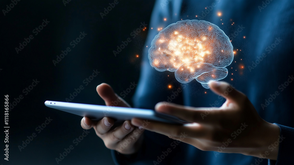 Poster hands holding a tablet displaying a high-resolution brain scan with annotations explaining alzheimer
