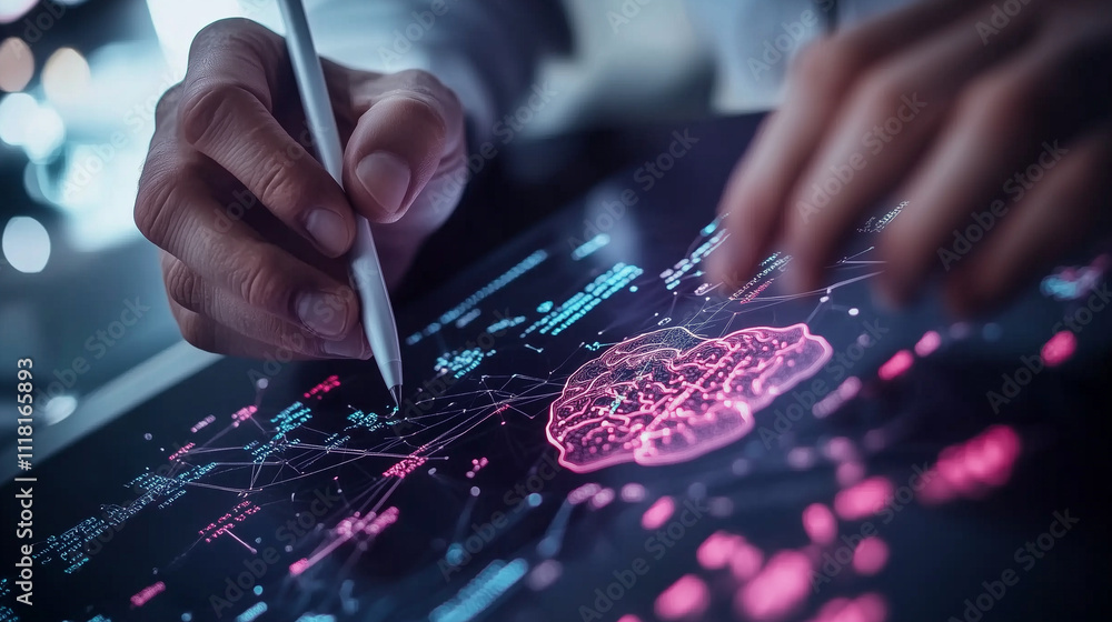 Aufkleber a close-up of hands using a stylus to draw attention to specific regions in a digital alzheimerâs 