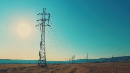 High Voltage Power Line and Steel Tower Landscape