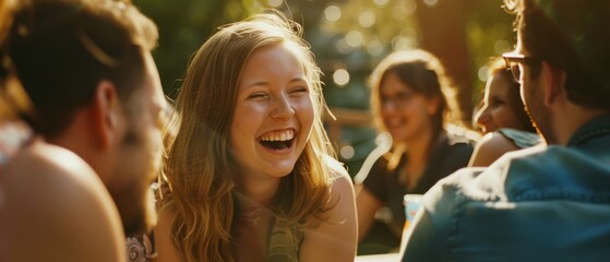 Fototapeta premium Friends share laughter in a sun-dappled outdoor setting, capturing a moment of genuine joy and warmth.