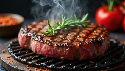 Delicious grilled beef steak on hot grill. Juicy steak with rosemary, spices. Romantic food for Valentine Day dinner. Cooked meat on wooden plate with cherry tomatoes in background. Yummy, flavorful.