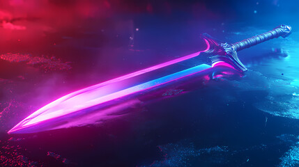 Futuristic sword resting on a reflective surface with vibrant neon lights. Aether. Illustration