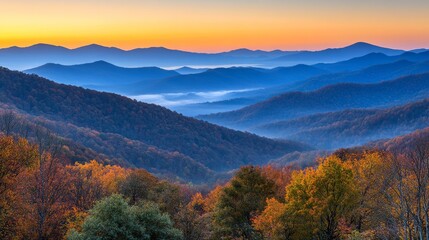 Obraz premium Autumnal Mountain Layers at Sunrise Blue Ridge Landscape Photography, landscape photography, autumn scenery