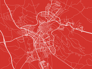 Christmas Map of Caceres, Spain in Snowy White on Festive Red Background.