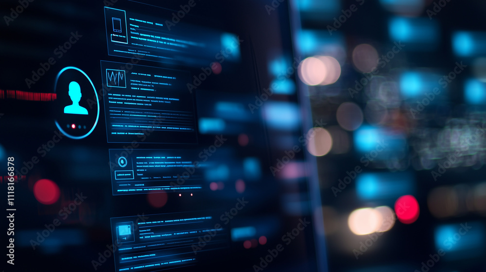 Poster a virtual assistant icon glowing on a desktop monitor, with multiple pop-up chat windows offering se