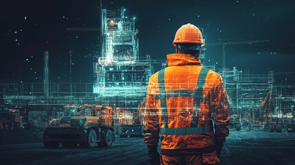 Construction worker viewing digital building blueprint overlayed on real-world construction site at night.  Futuristic concept.