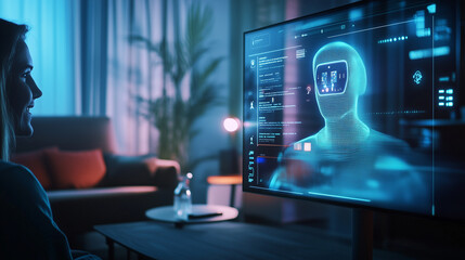 Naklejka premium A chatbot window projected in augmented reality, with a virtual assistant seamlessly integrated into the user's high-tech home environment