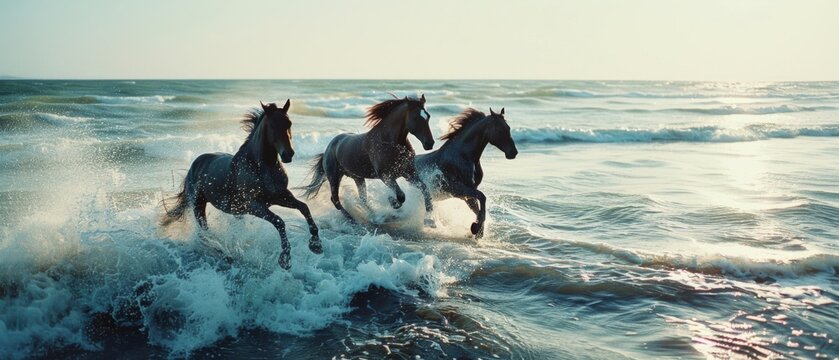 Three majestic horses gallop through crashing waves, embodying freedom and wild energy against the serene ocean backdrop.