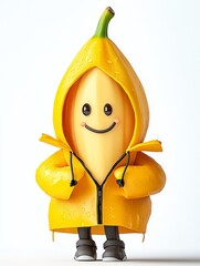 Whimsical banana character in raincoat a playful and cheerful illustration