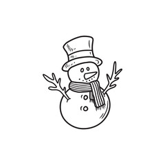 Smiling snowman in hat with scarf and buttons standing in black isolated on white background. Hand drawn vector sketch illustration in doodle engraved vintage line art style. Merry Christmas symbol
