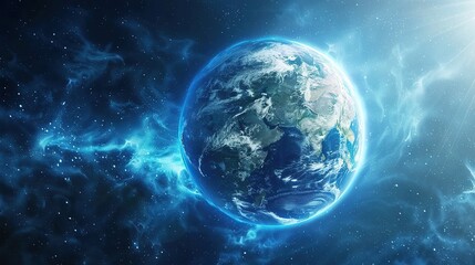 Obraz premium Stunning Earth in space, glowing blue nebula, cosmic background. Perfect for science, environmental, or technology projects.