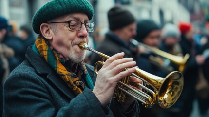 Obraz premium Street Musician Playing Trumpet in the City