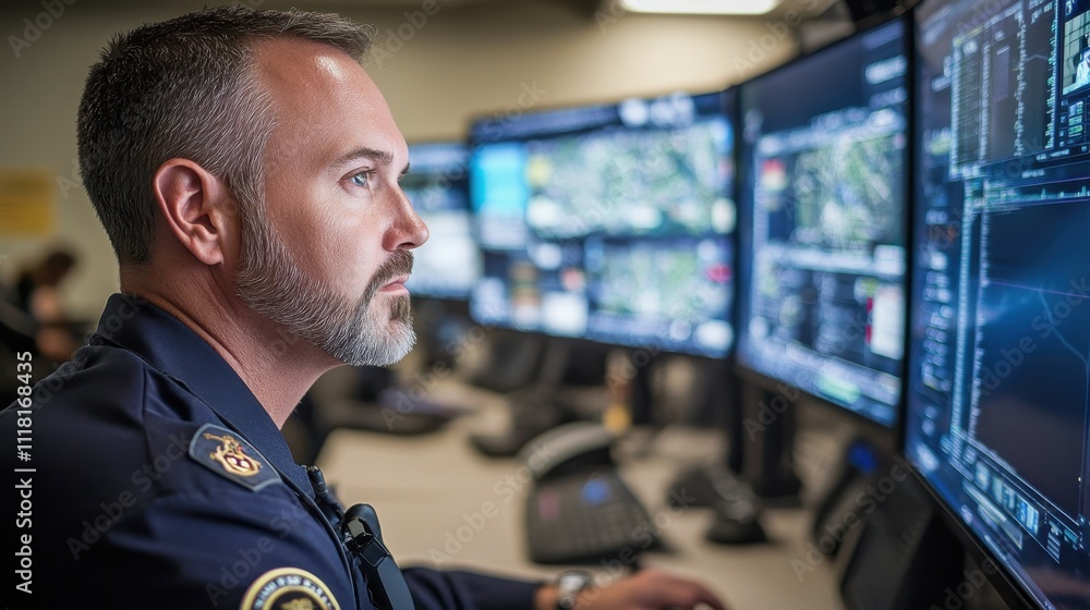 Poster officers using advanced glowing interfaces in a high-tech emergency center, coordinating real-time r