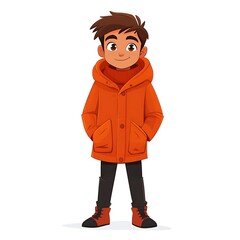 Cartoon teenage boy in a bright winter coat on a white background.