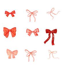 Christmas red bows set handdrawn. Ribbon bow Xmas decor elements