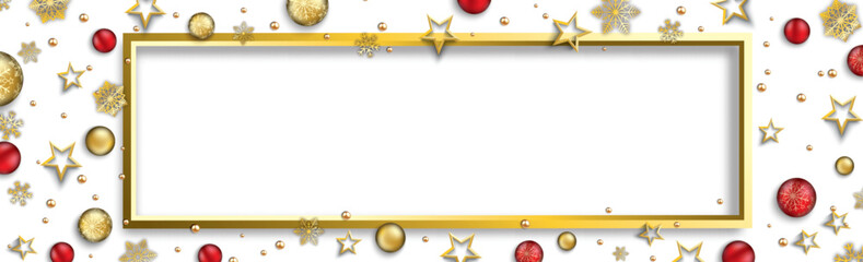 Weihnachten Banner mit goldenen Sternen, Kugeln und Schneeflocken mit goldenem Rahmen für den persönlichen Text