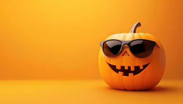 Halloween pumpkin character with sunglasses isolated on an orange background