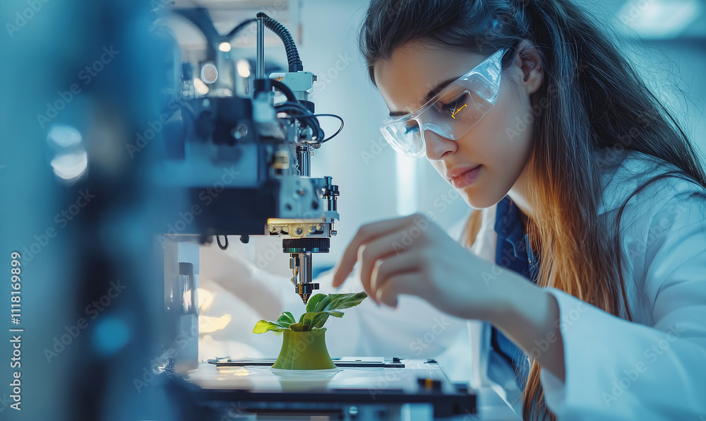 Poster a focused female scientist using advanced 3d printer technology to create a green object in a labora