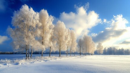 Winter. Frosty trees in snowy field. Majestic winter landscape. Picturesque Christmas scene.