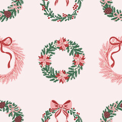 Seamless pattern of hand-drawn Christmas wreaths decorated with bows, poinsettias, holly berries on light pink background. Festive vector design for holiday wrapping paper, textile, wallpaper
