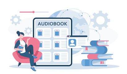 Woman listening to audiobook. Young girl sitting near stack of textbooks and tablet. Digital books. Love for reading and literature. Flat vector illustration