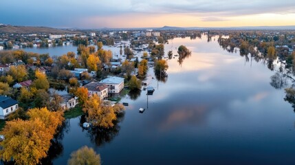 Fototapeta premium Floodwaters have submerged homes, creating a maze of waterlogged streets following severe weather conditions
