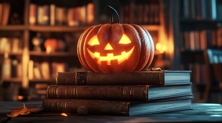 Halloween pumpkin on books with glowing faces, cartoon style