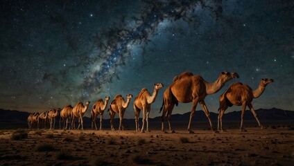 Desert Journey: Camels Under the Milky Way