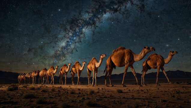 Desert Journey: Camels Under the Milky Way