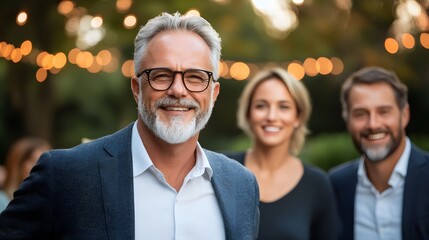 Family and friends celebrating a retirement in a backyard with string lights, food, and laughter