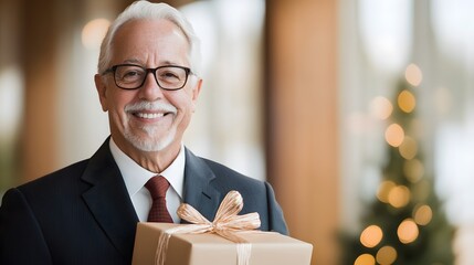 Retiree receiving a heartfelt gift from coworkers during a retirement party at a banquet hall