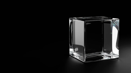 Transparent Glass Cube on Black Background with Reflective Highlights 