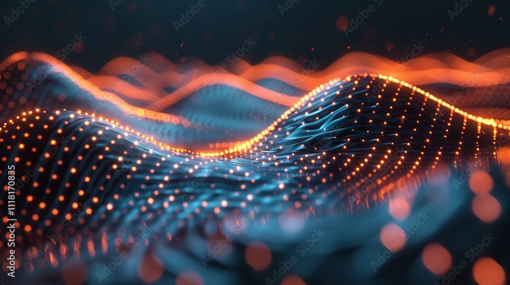 Poster big data concept blockchain 3d illustration information waves and the global database neural network