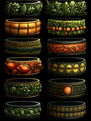Twelve ornate, decorative rings with various nature-inspired designs.