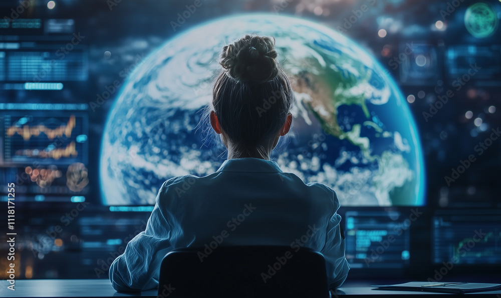 Poster a person observing earth from a futuristic control room, surrounded by digital data displays and gra