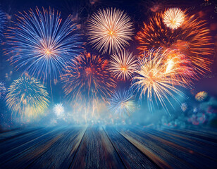 colorful fireworks explosions background in a dark blue sky