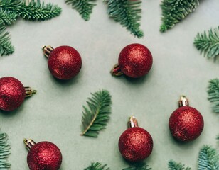 Christmas background with fir branches and decorations. with Closeup View.