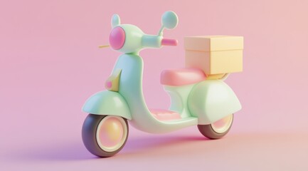 3D icon of a pastel scooter with boxes and a location pin on it, minimal background, pastel color...