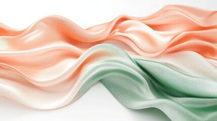 Obraz premium Abstract flowing peach and green silk fabric waves on white background.