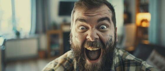 A man with an exuberant expression conveys excitement and spontaneity in a modern living room.