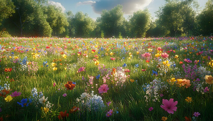 Vibrant wildflowers bloom in a sunlit meadow.
