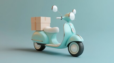 3D icon of a pastel scooter with boxes and a location pin on it, minimal background, pastel color palette