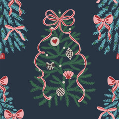 Seamless pattern with hand drawn Christmas trees decorated ribbons, bows and ornaments on dark blue background. Decorative holiday vector design for wrapping paper, textile, wallpaper