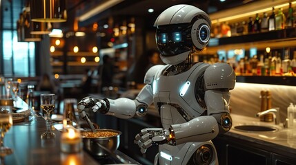 Futuristic robot chef preparing food in a modern restaurant kitchen.  High-tech culinary innovation.