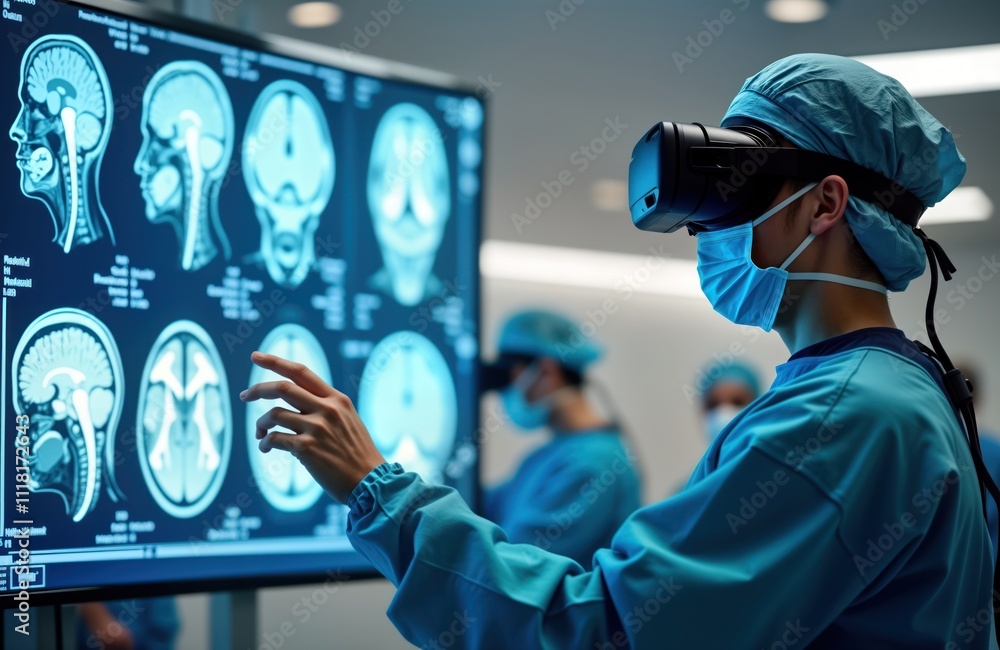 Poster surgeon uses vr headset. vr tech guides brain surgery. detailed brain scans displayed on large scree