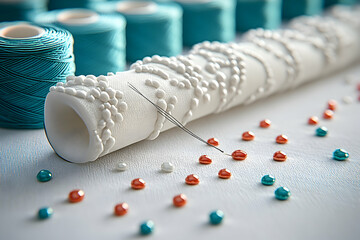 White cylinder with beading, teal thread spools, needle, and beads.